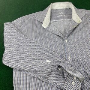 Bugatchi‎ Men's Long Sleeve Dress Shirt Blue Brown White Stripe Gingham Pattern